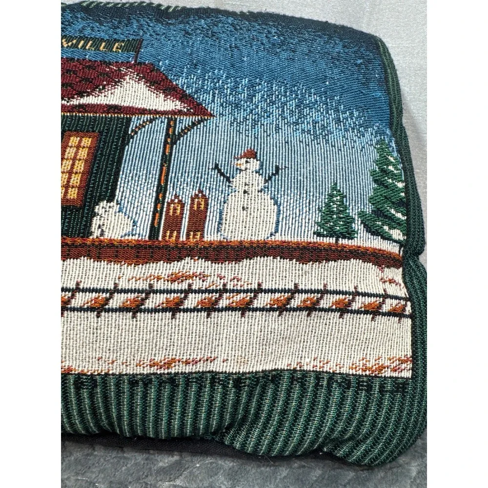 Vintage Snowville Winter Scene Woven Tapestry Christmas Throw Pillow Green Trim‎